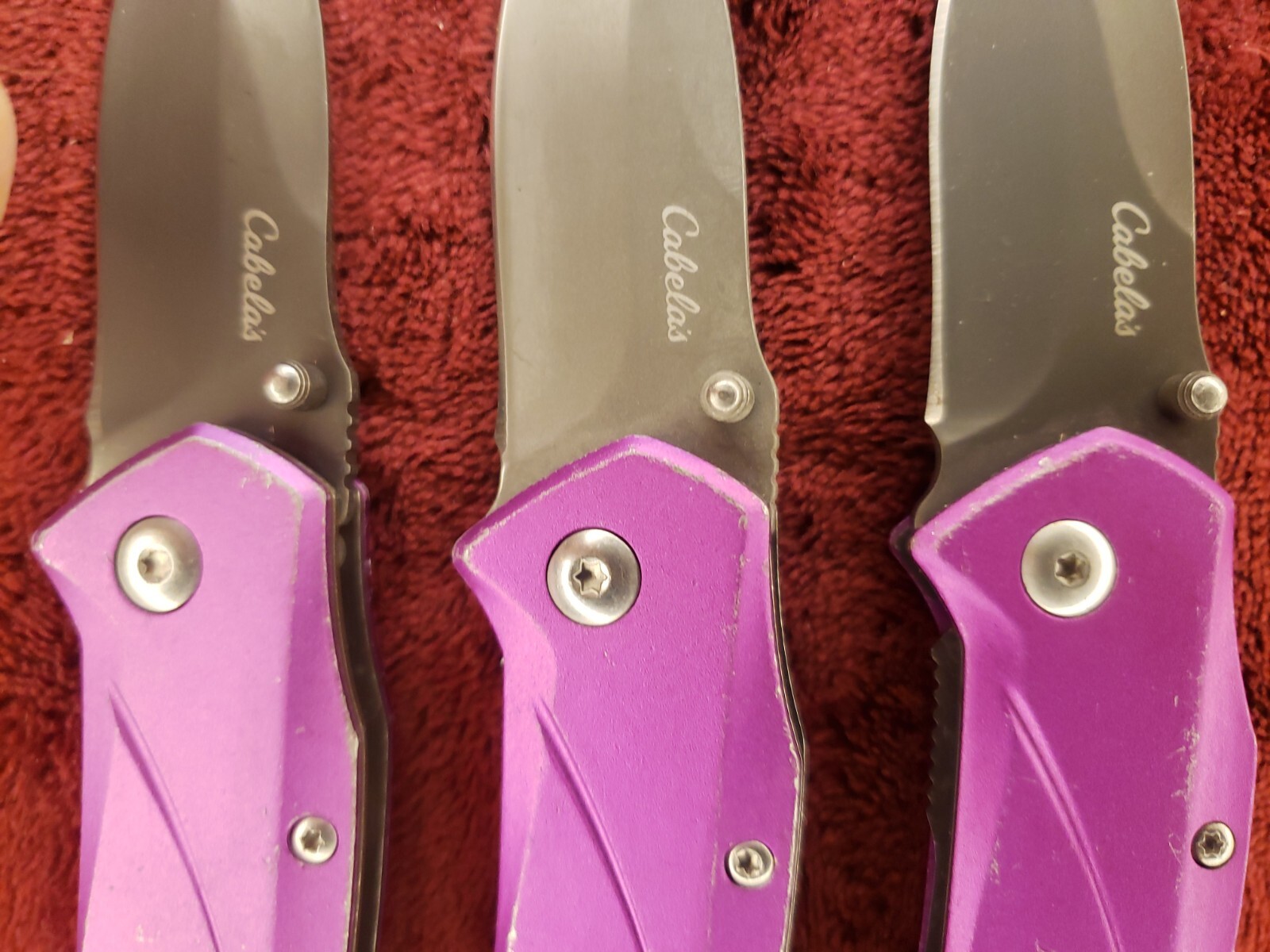 Lot 3 Cabela’s Plain Edge Liner Lock Aluminum Scale Folding Purple