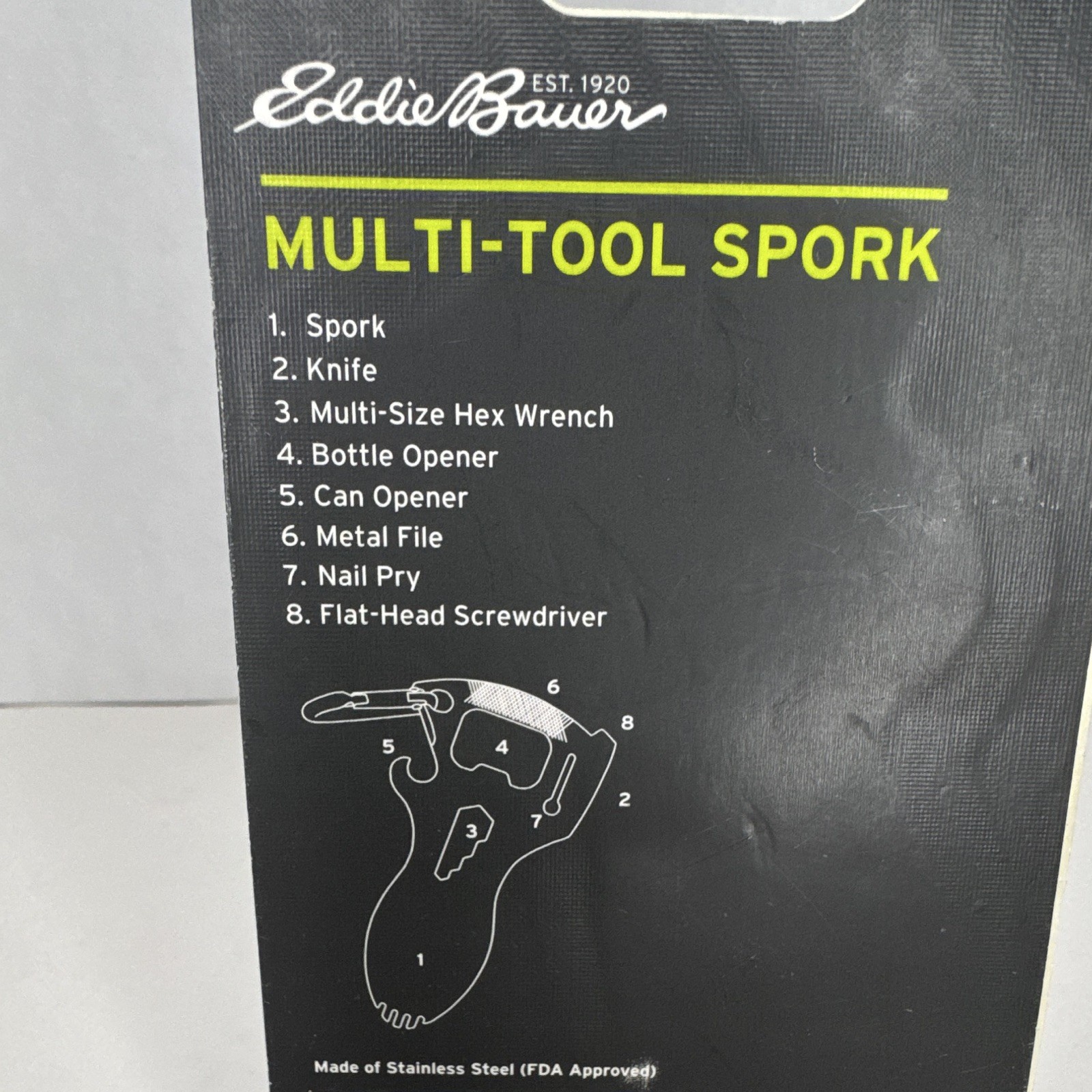 Eddie Bauer Multi-Tool Spork 8-in-1 Stainless Steel w/ Carabiner, Silver