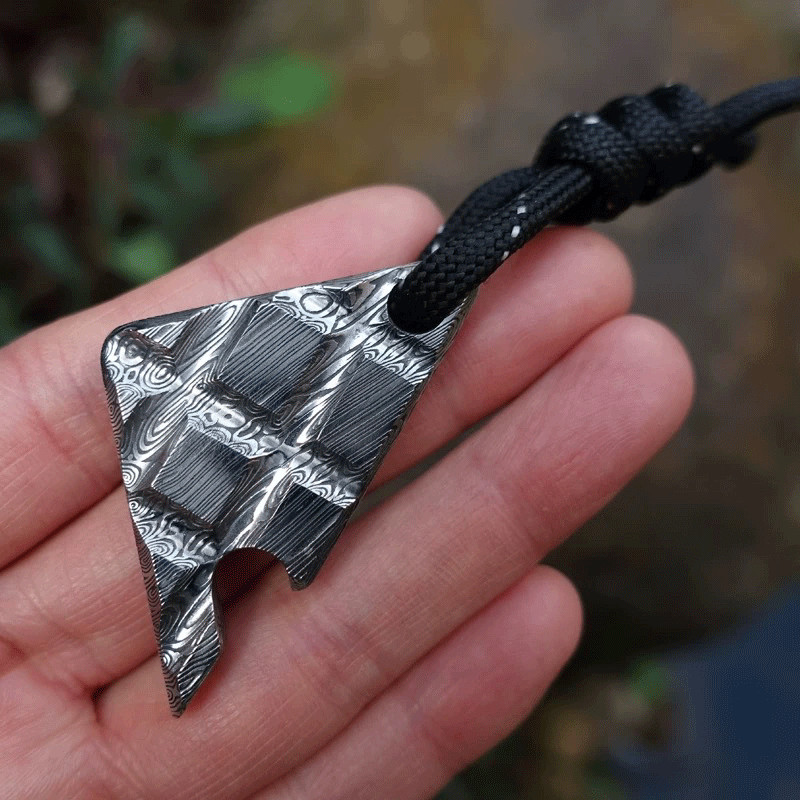 Damascus Steel Chocolate Bottle Opener Necklace Pendant Keychain Multi EDC Tool