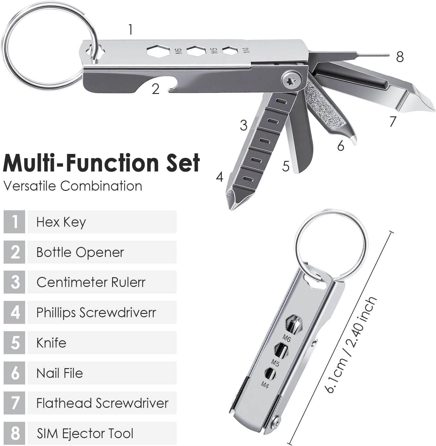 7-In-1 Multi-Tool Keychain, Portable Stainless Steel Pocket Gadget with SIM Card