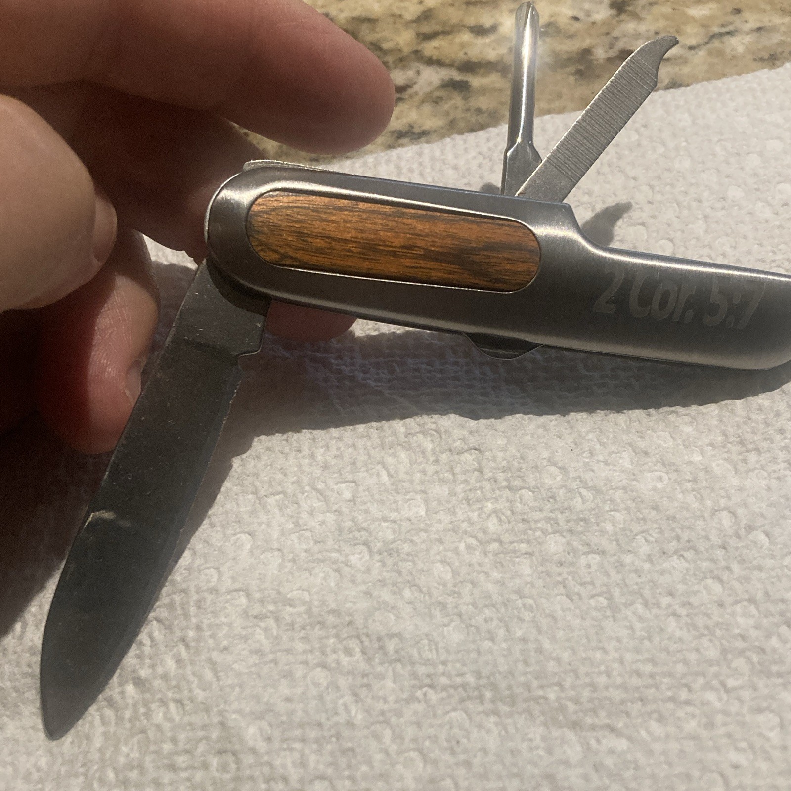 7-Tool Folding Multi-Tool Pocket Knife Wood Inlay, SS Straight Edge, Lanyard