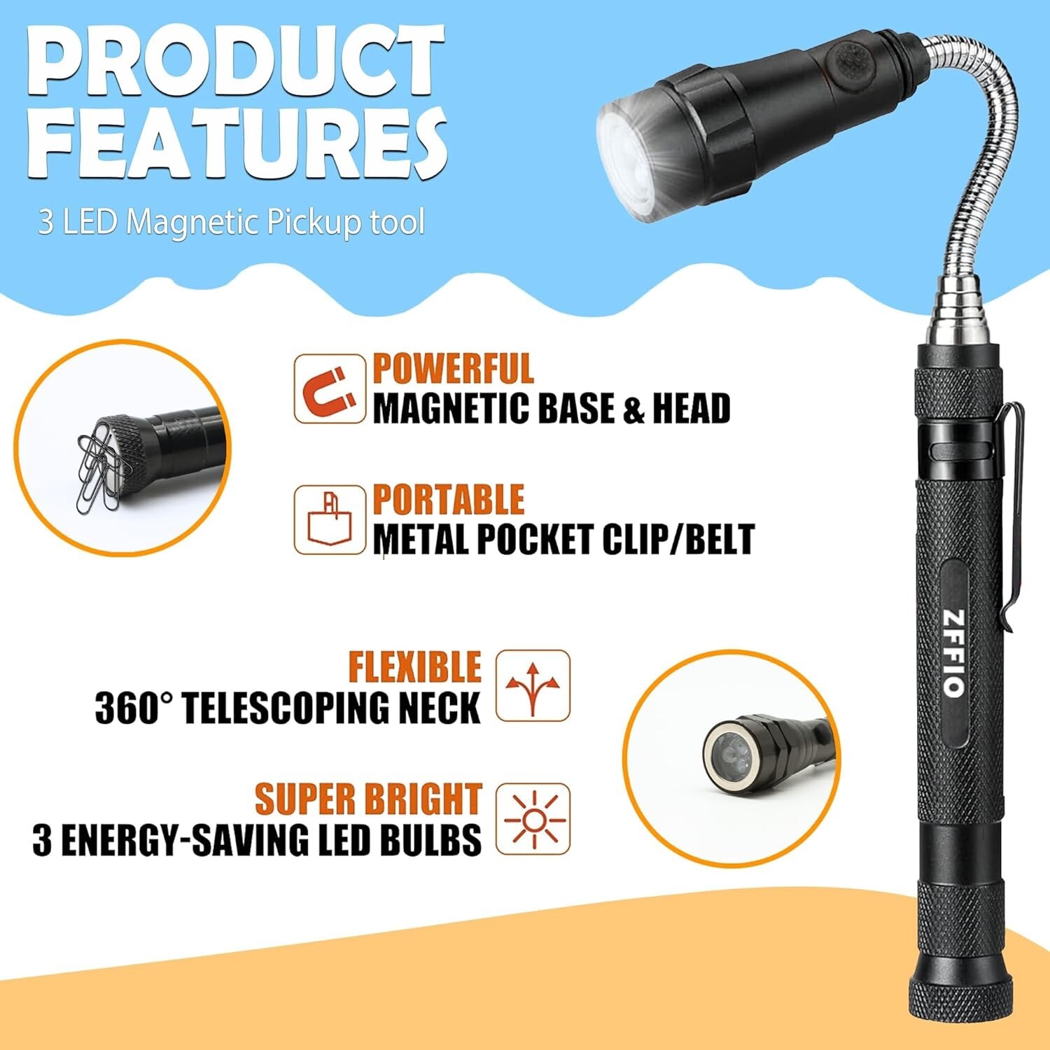Magnetic Flashlight Pickup Tool Stocking Stuffers White Elephant Gifts