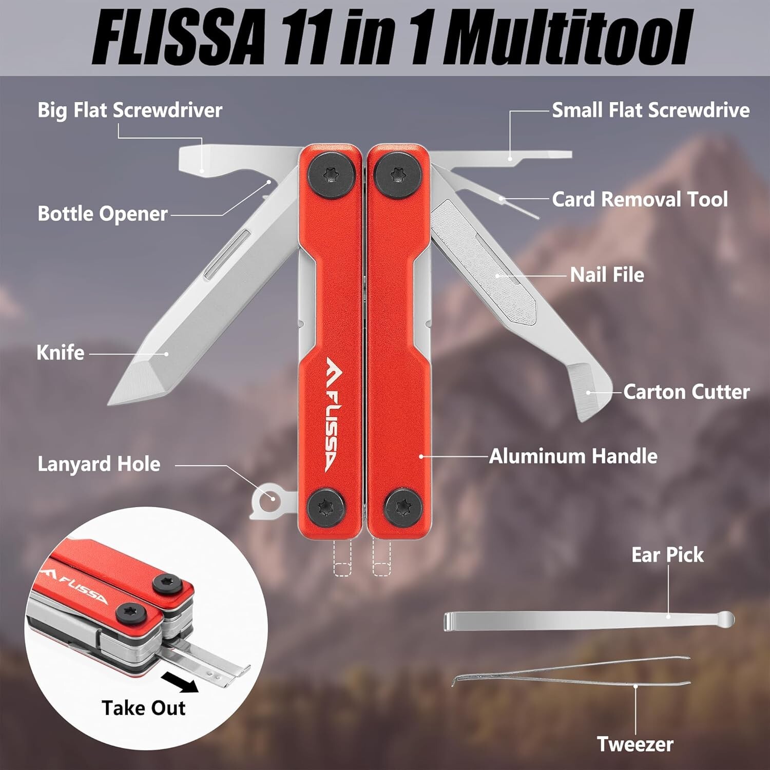 FLISSA Multitool Scissors, 11-in-1 Pocket Knife, Stainless Steel Aluminum Handle