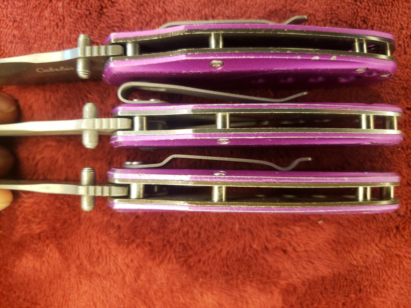Lot 3 Cabela’s Plain Edge Liner Lock Aluminum Scale Folding Purple