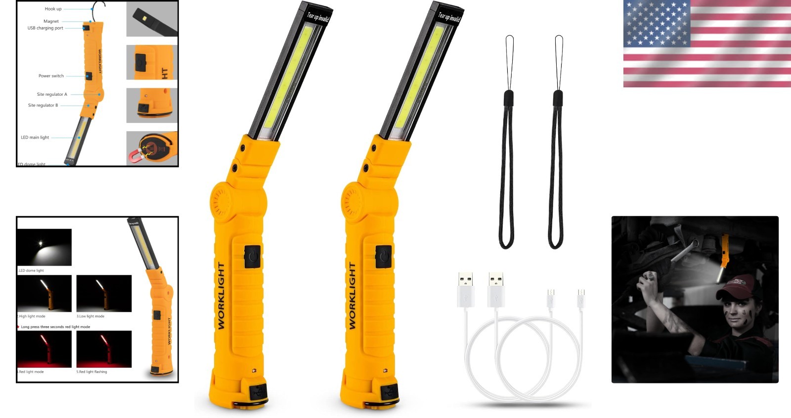 Rechargeable LED Work Lights 2-Pack Magnetic Base 5 Modes Car Camping Power O…