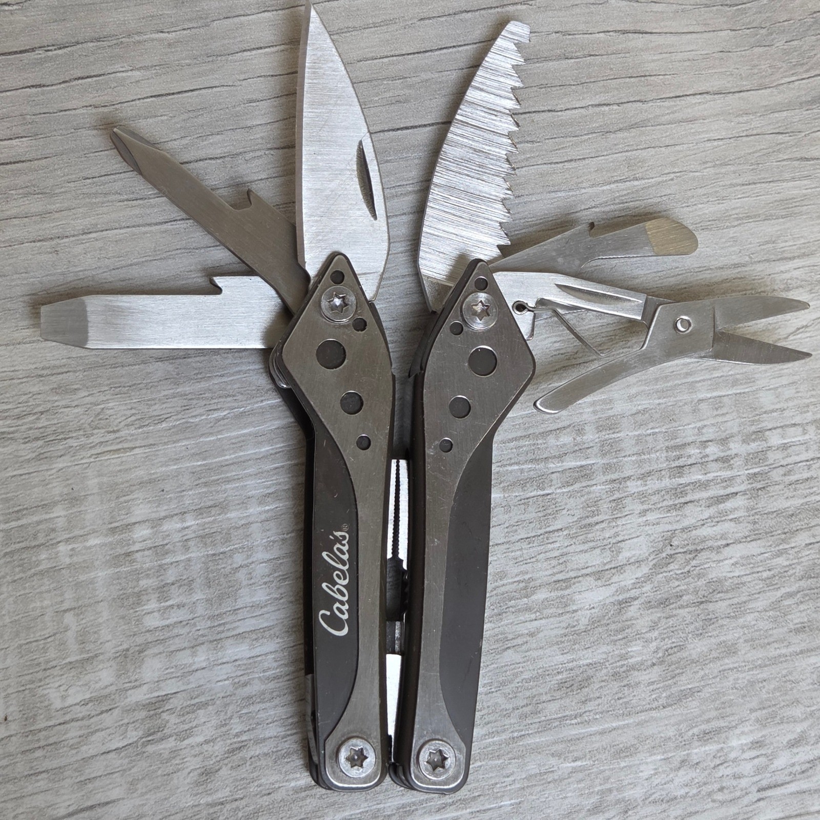 Cabelas Multi-Tool Pocket Folding Knife Pliers Saw Scissors Grey Silver 3 Inch