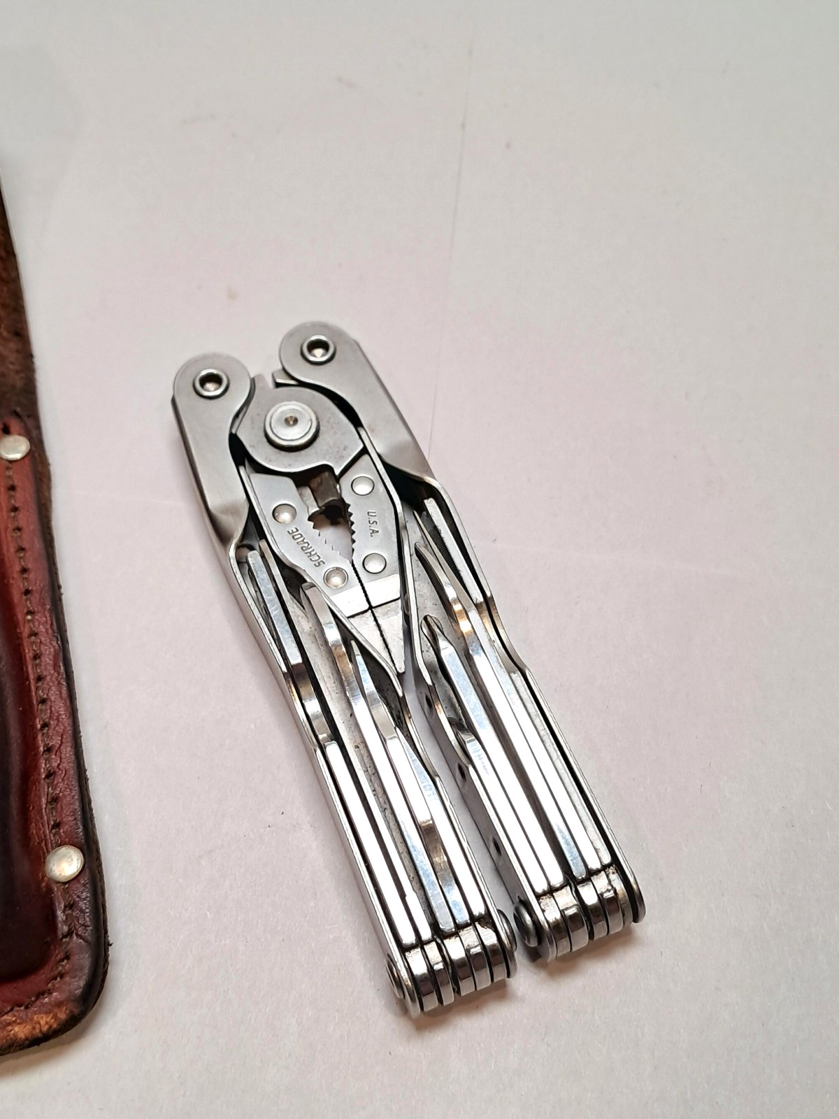 Vtg Schrade Tough Tool Multitool Made In USA w/ Leather Sheath