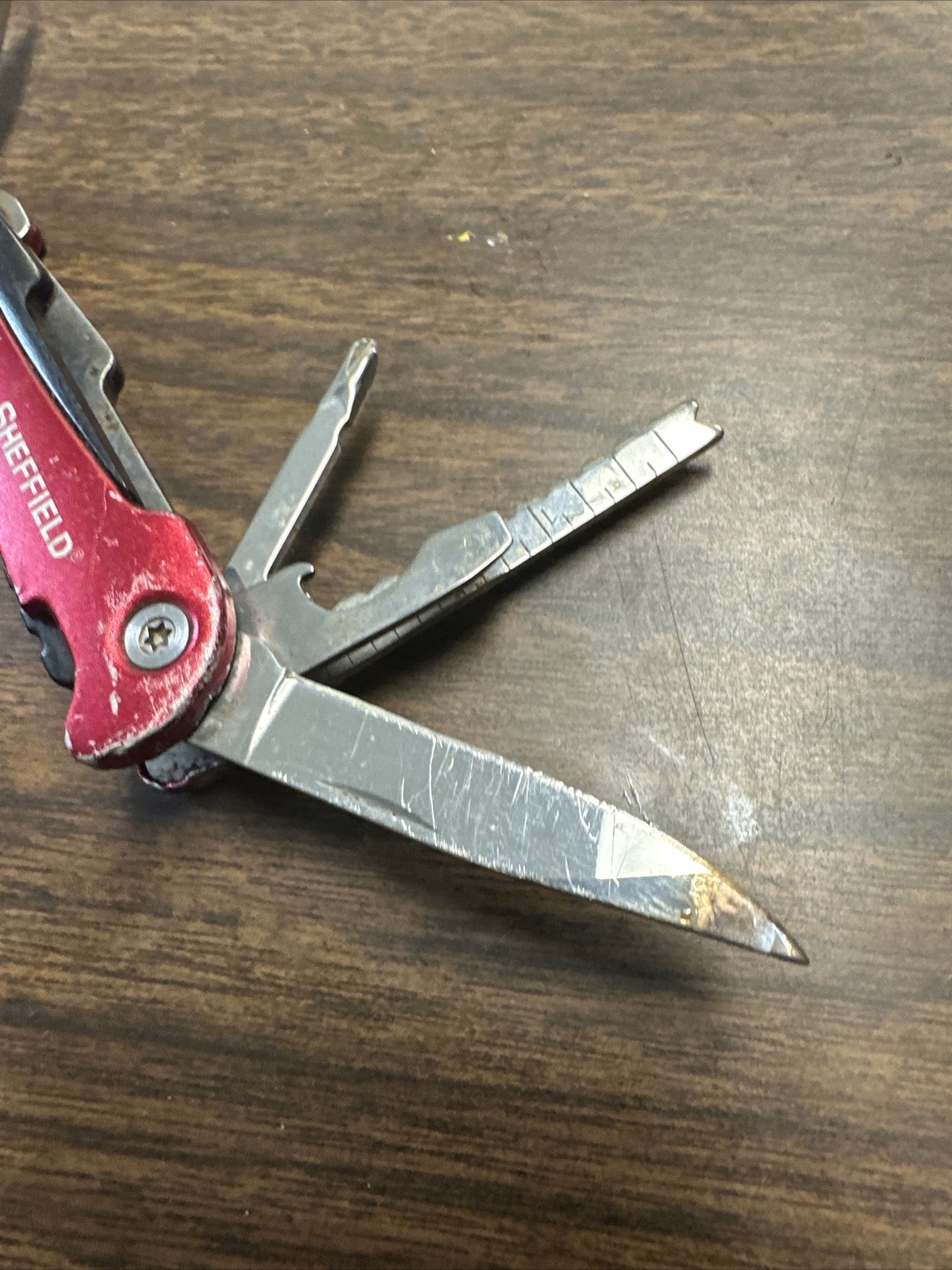 Sheffield Mini Multi Tool 9 in 1 Red Handle Knife Pliers Saw Screwdriver