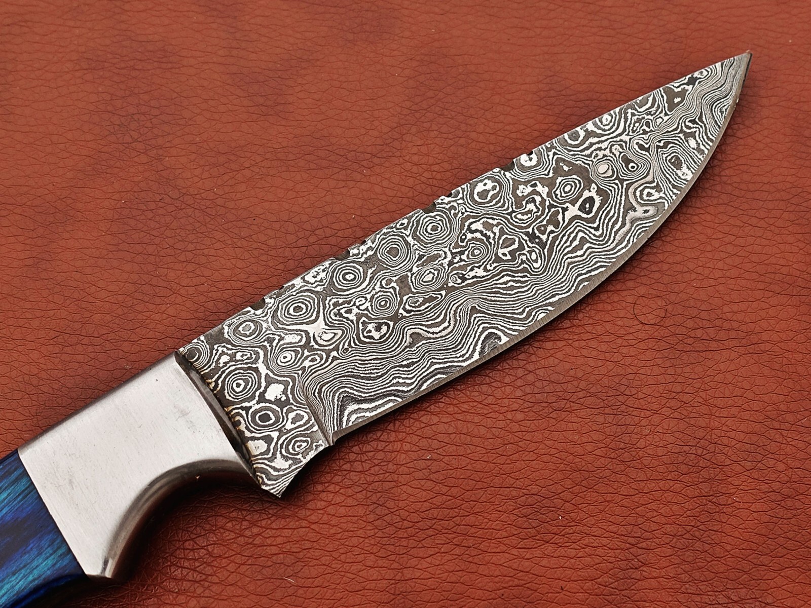 9.5″ Rain drop Damascus steel Blue wood scale Skinning knife W/ Leather sheath
