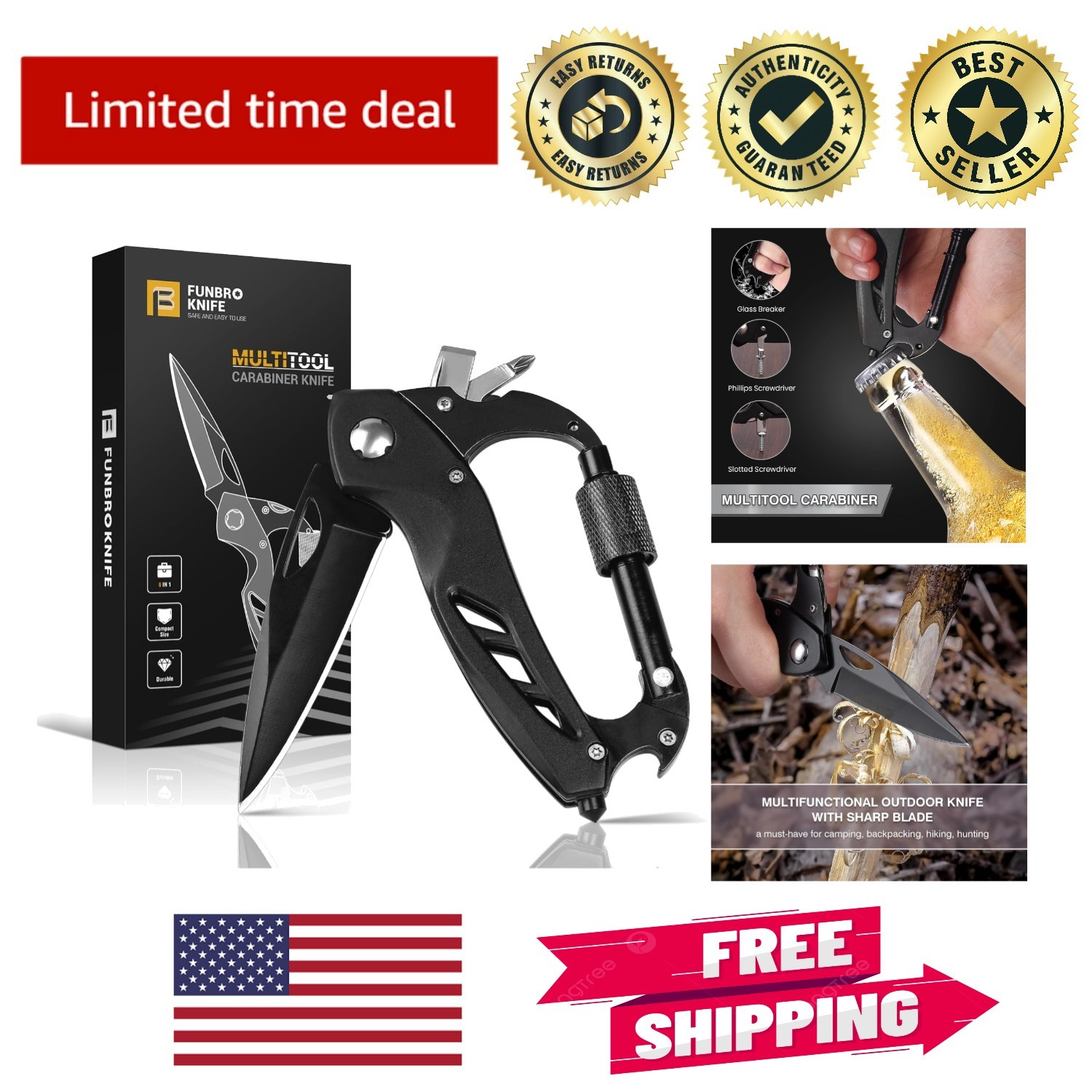 Durable Black Stainless Steel 6-in-1 Multitool Carabiner – Ideal Gift for Men!