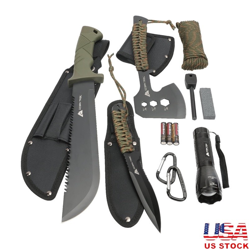 Camping Tool Set 12 Piece w/ Flashlight Machete Knife Outdoor Gear Kit