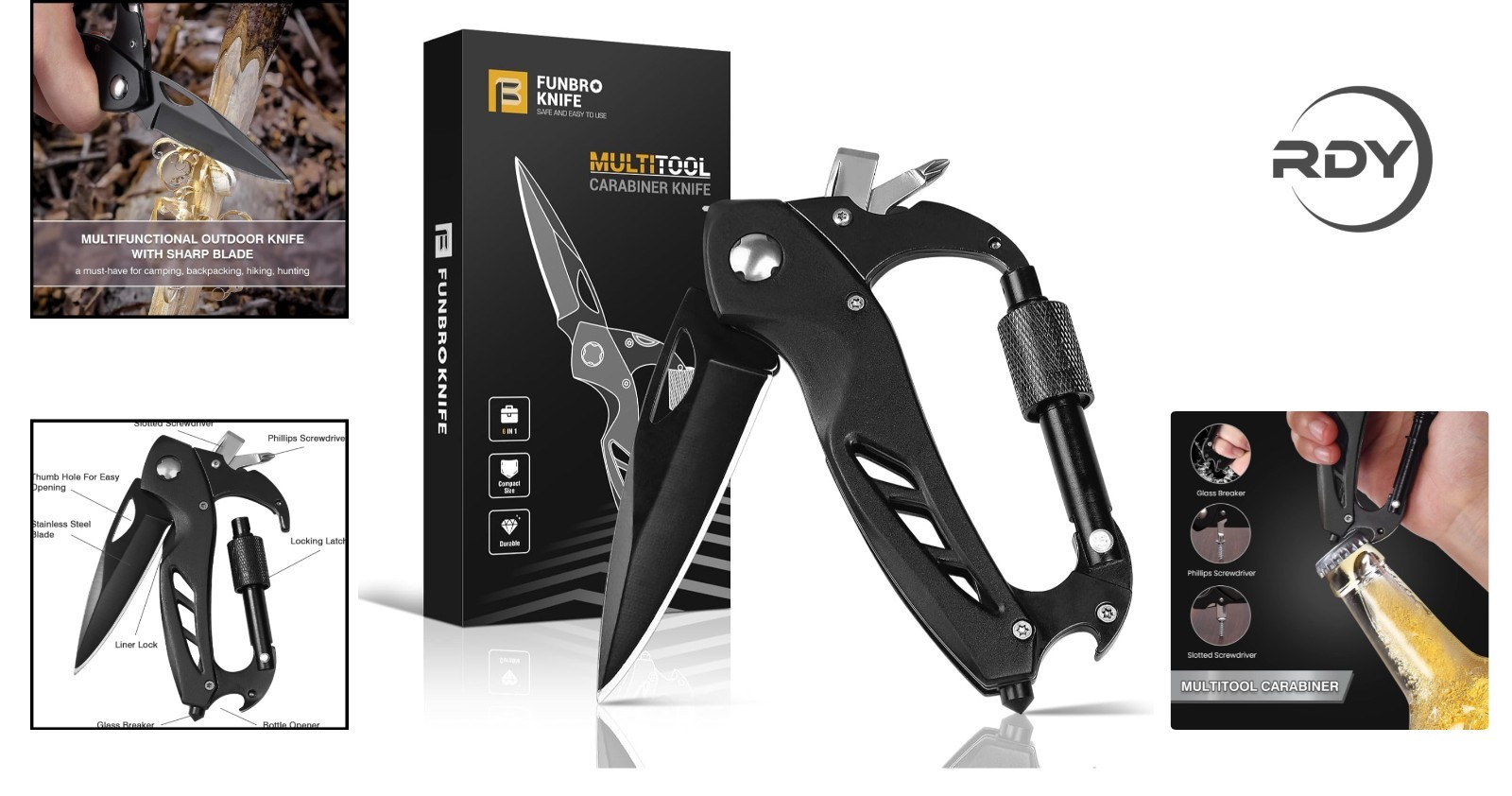 Durable Black Stainless Steel 6-in-1 Multitool Carabiner – Ideal Gift for Men!