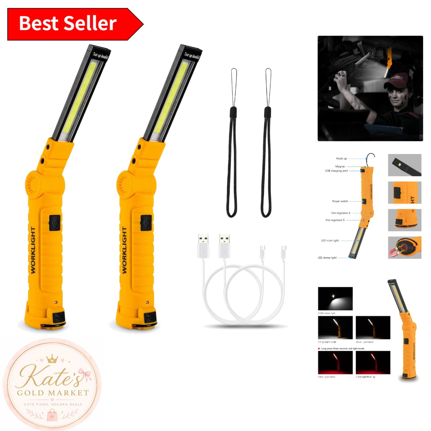 Durable Magnetic LED Work Lights – 2-Pack with 5 Lighting Modes & 360° Rotation