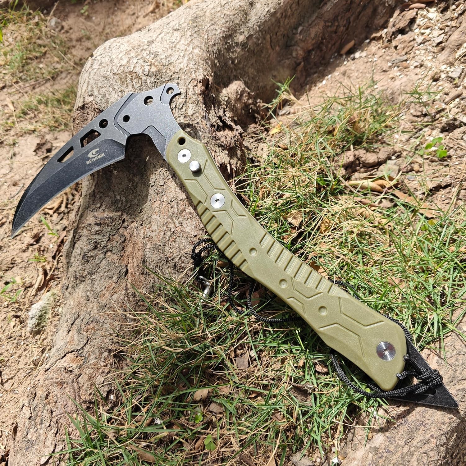 Folding Sickle Knife With Sheath, Quick Release Tactical Survival Tool with Safe