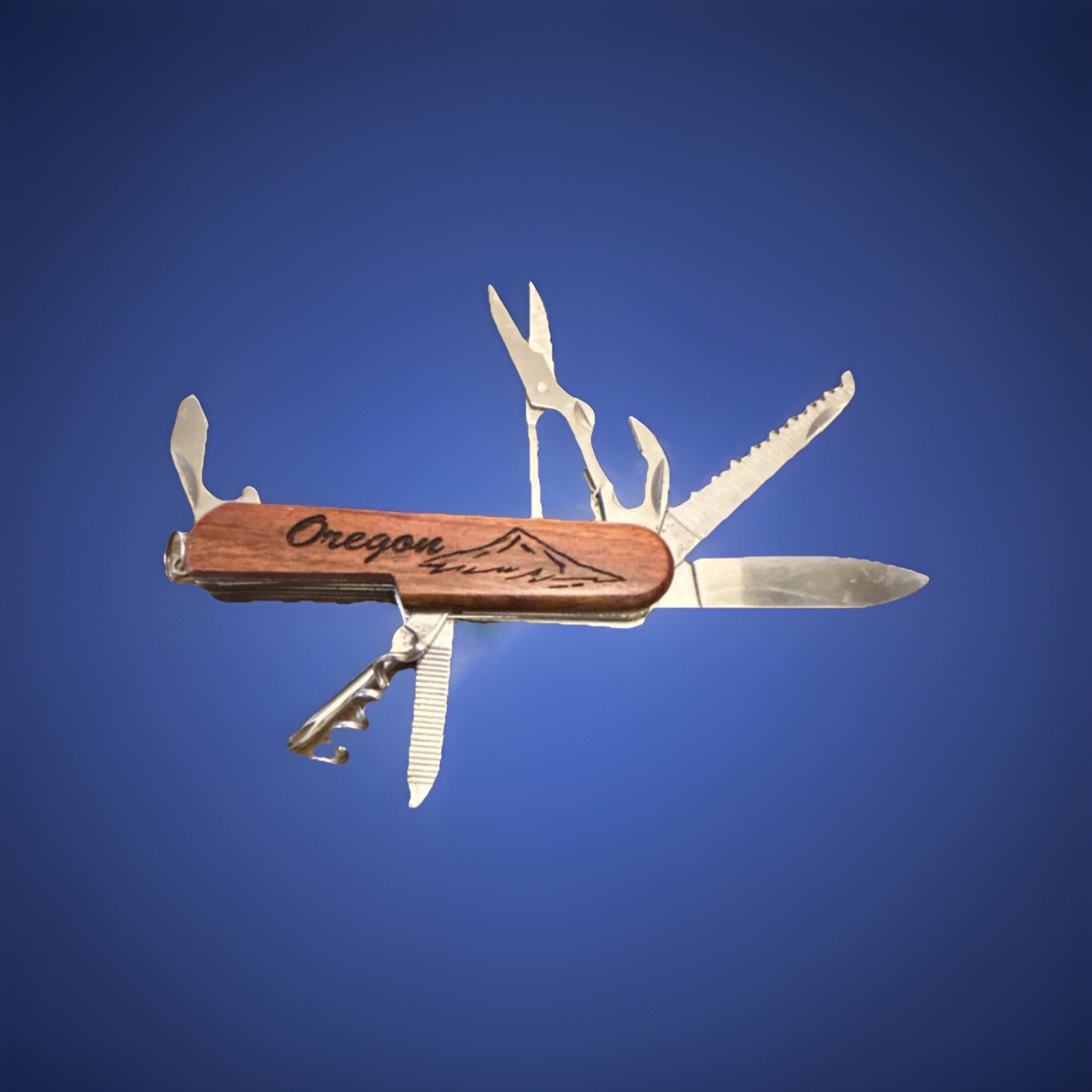 Wood & Stainless Steel Camping Multi-Tool, 7 Functions, Knife, Scissors