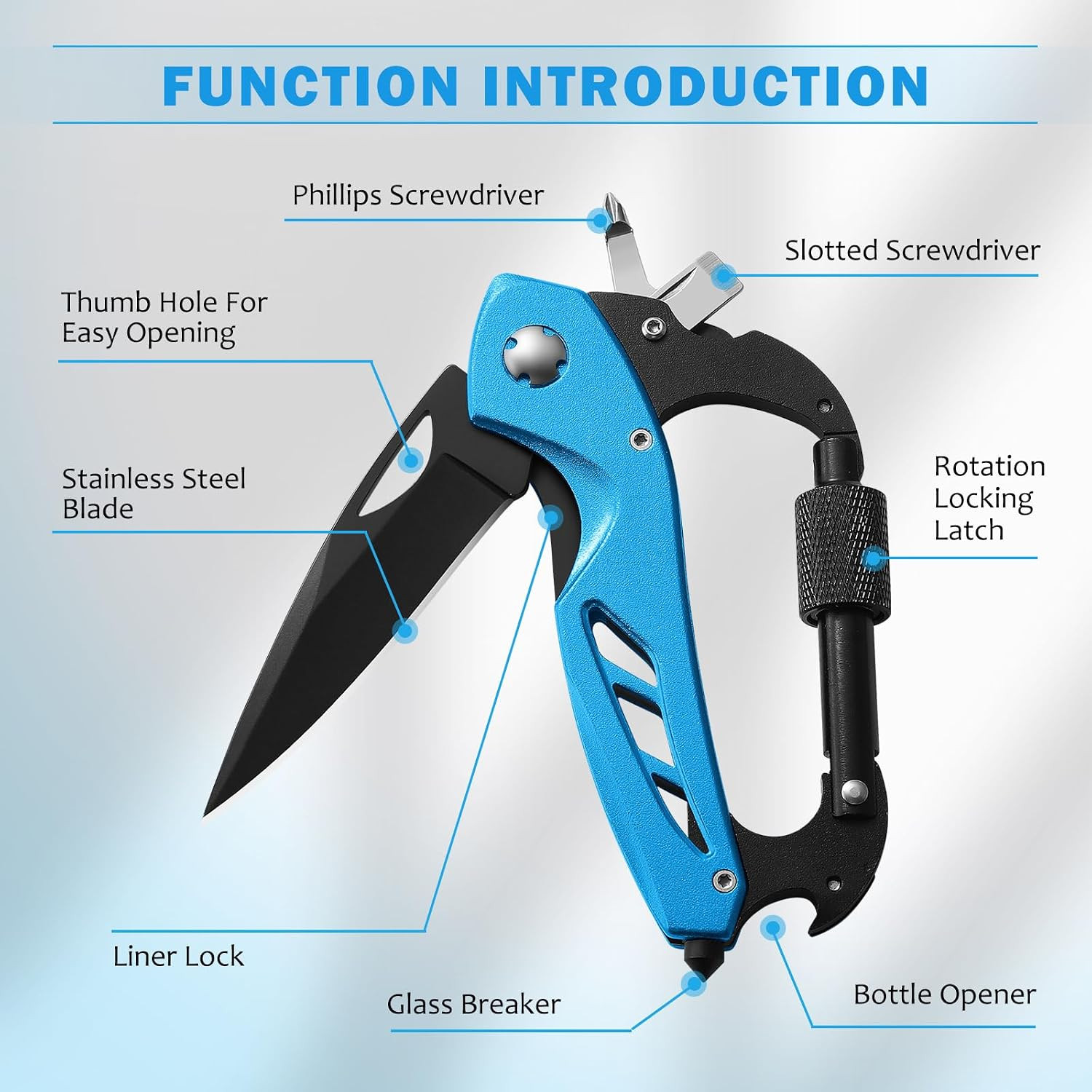Multitool Carabiner with Pocket Knife, Stocking Stuffers Gifts for Men,6-In-1 Mu