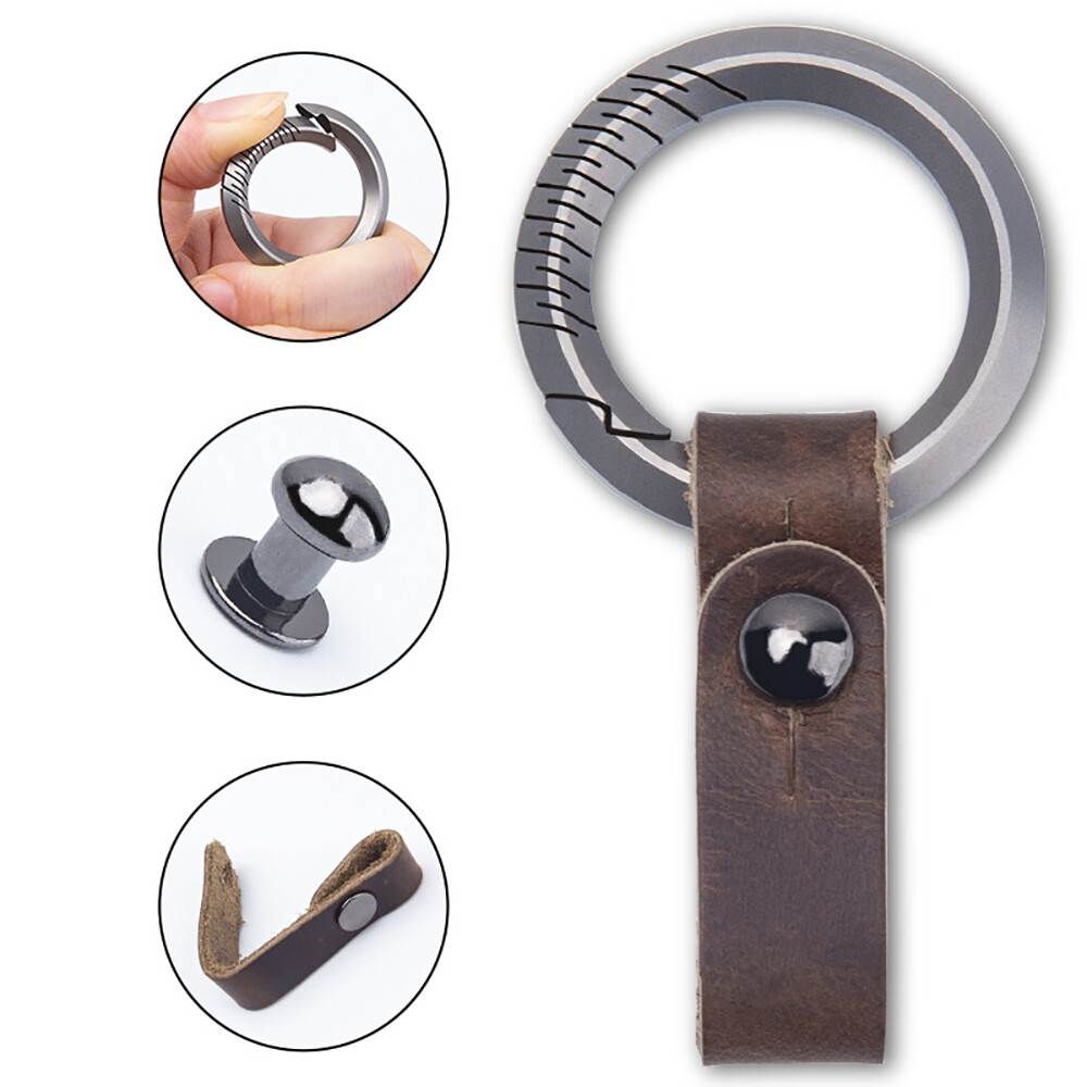 Titanium Alloy+Leather Keychain Kit Portable Removable Key Ring Pendant EDC Tool