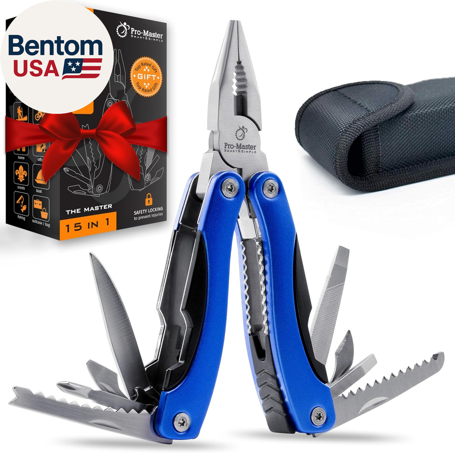 15-In-1 Multitool with Safety Locking, Stainless Steel Pocket Knife & Pliers, Co