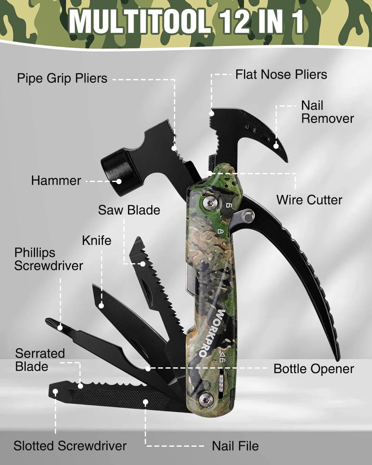 12 in 1 Multitools Camping Tool Mini Hammer Gear Multi Tool Hammer w/Safety Lock