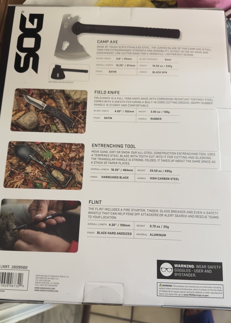 SOG Ultimate Camping Kit, Field Knife, Camp Axe, Entrenching Tool, Flint New