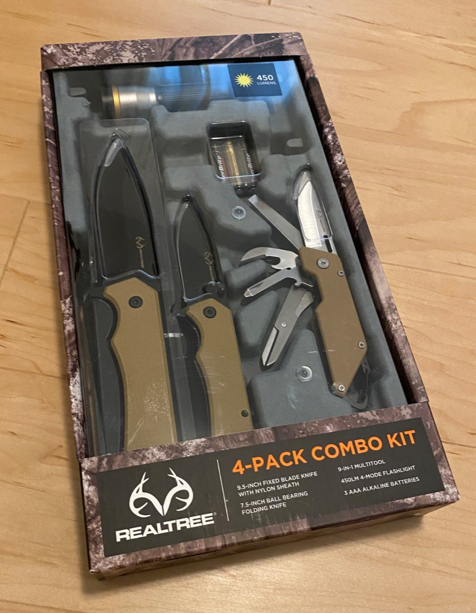 Real tree 4 Pack Hunting Knife Multi Tool Flashlight Combo Kit camping,