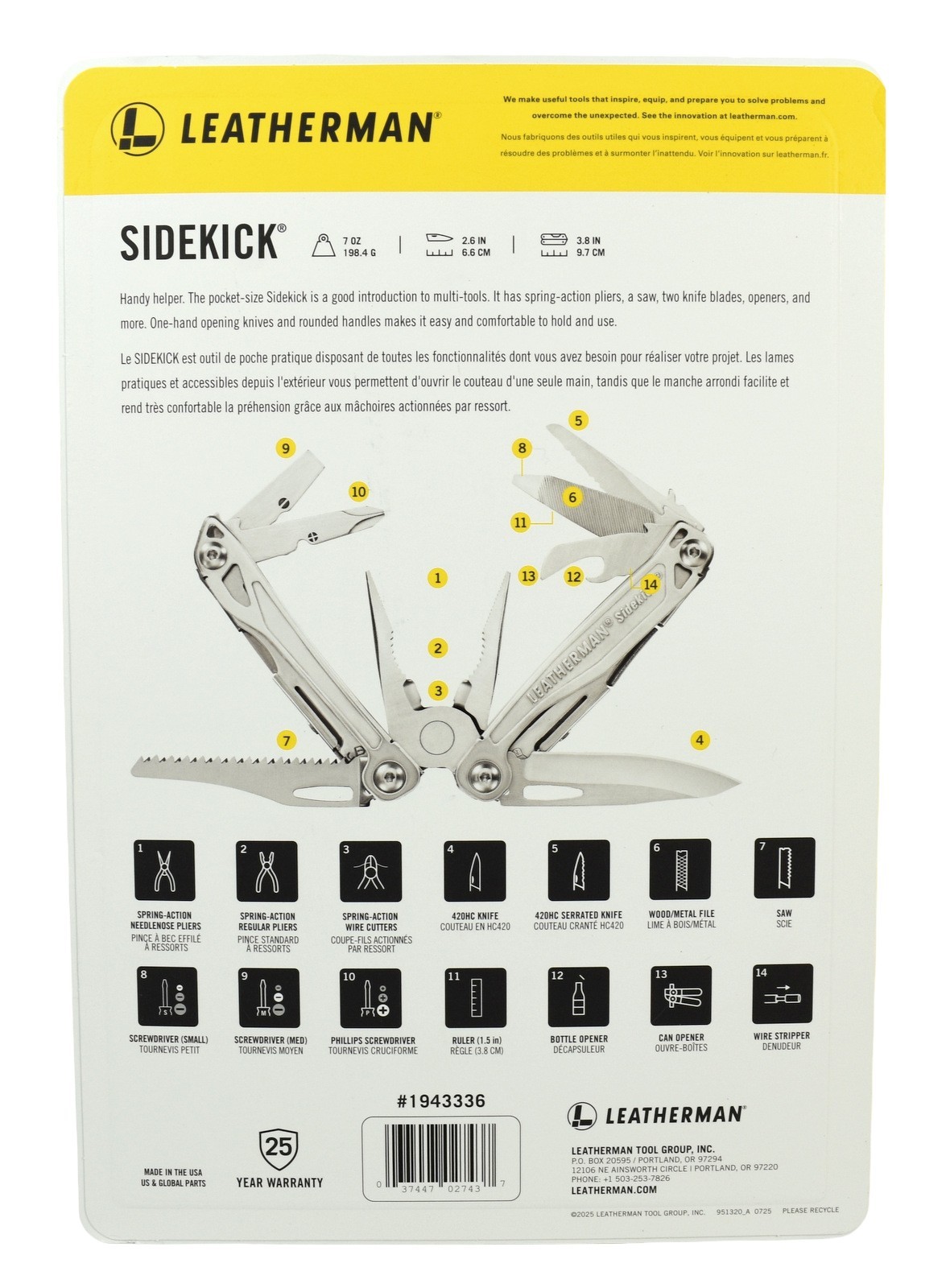 Leatherman 420HC Stainless Steel Pocket-size Sidekick 14-in-1 Multitool