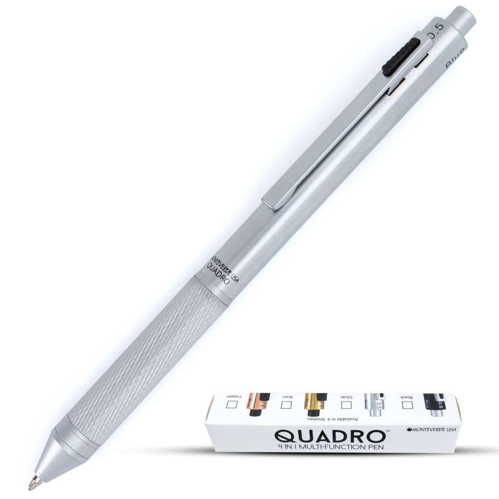 Monteverde USA Quadro 4-in-1 Multifunction Pen – Silver Finish – 3 Ballpoint …