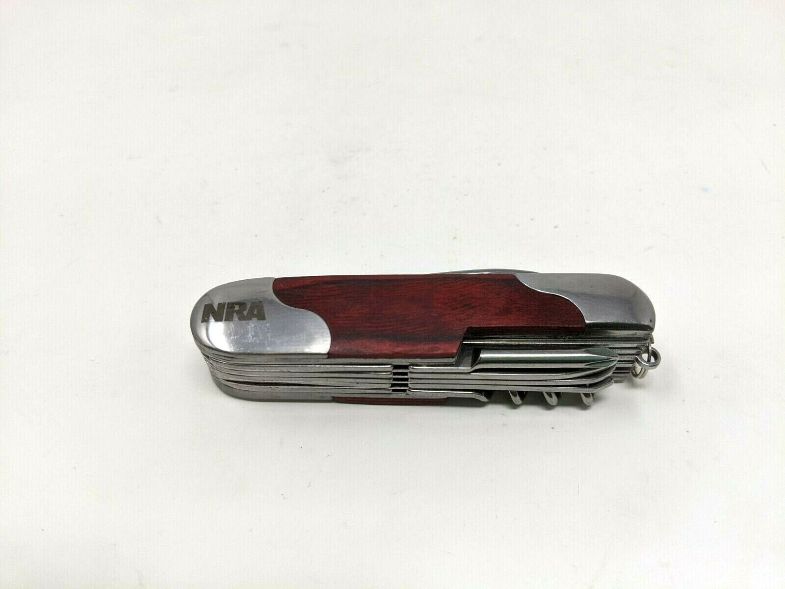 Vintage NRA 11 Multi Tool Knife Scissors Screwdriver Saw Wood Handle 3.5″ Long