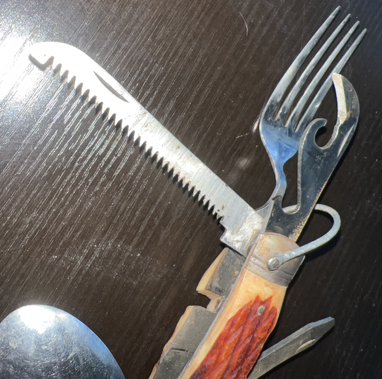 Vintage 11-in-1 Stainless Steel Multi-tool with leather sheath Carved Handle