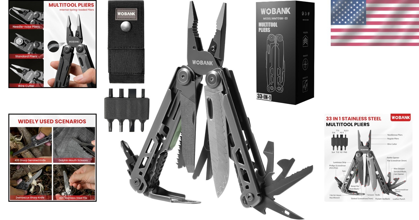 Compact 33-in-1 Multitool with Damascus Knife & Luminous Strip for Low-Light Use
