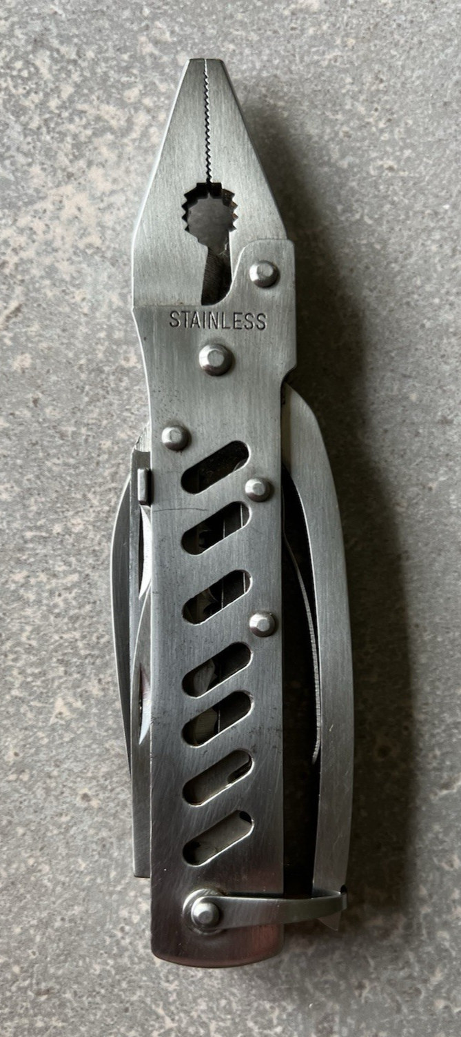 Vintage Unique Multitool W/case (Spring, Assist Pliers , Blade, Opener, Saw, &