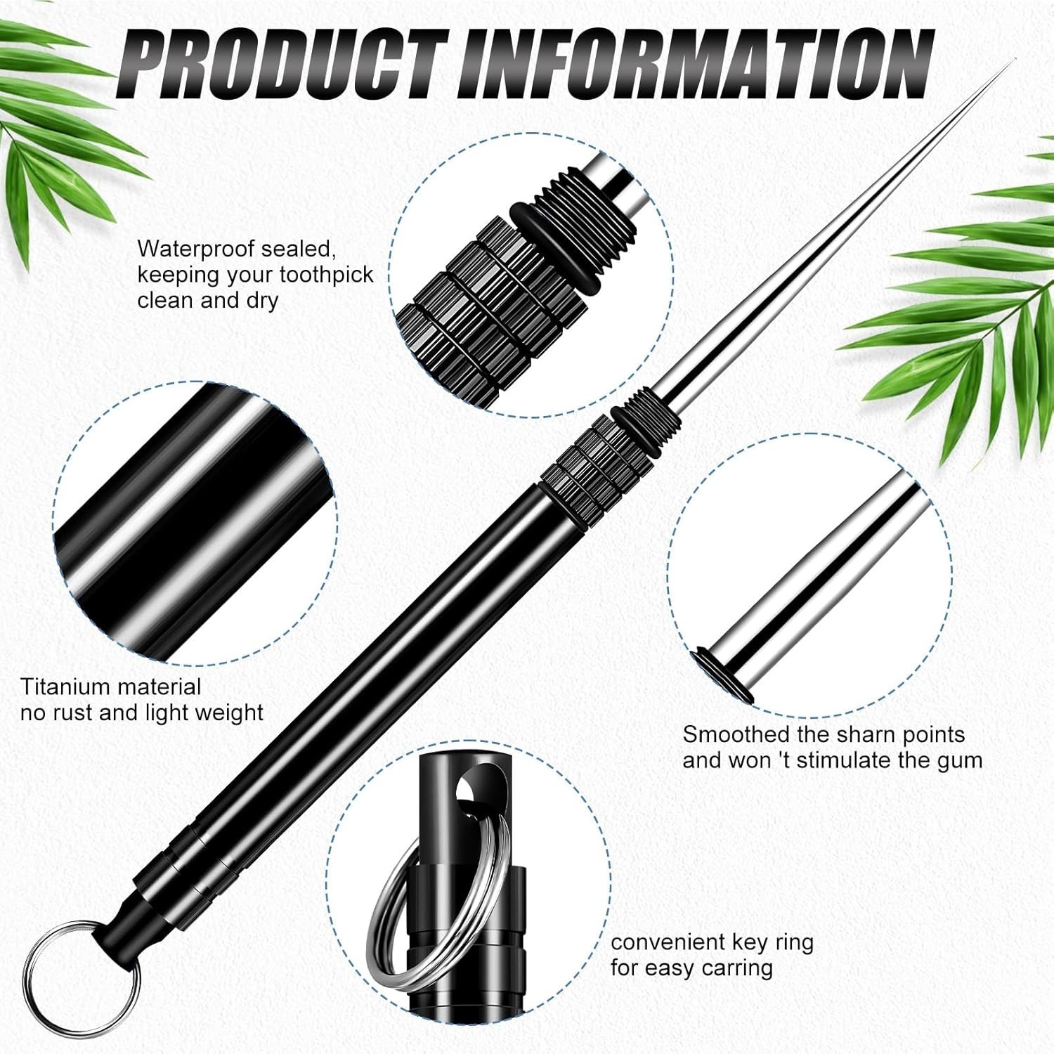 Metal Titanium Toothpicks, 8Pcs Silver Reusable Keychain Telescopic Toothpick