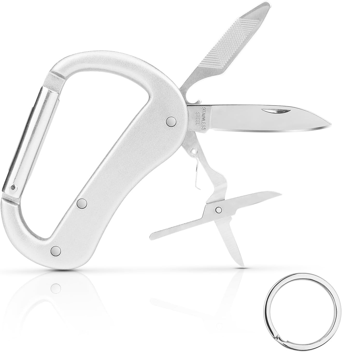 Multitool Carabiner with Pocket Knife, Bottle Opener,Nail File,Small Scissors,Ed