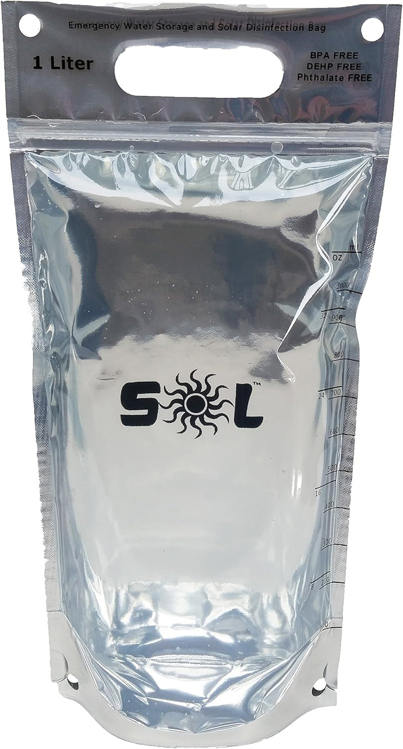 SOL Water Survivalist Bags – 1 Liter Zip Top Stand up Water Bag Designed for Sol