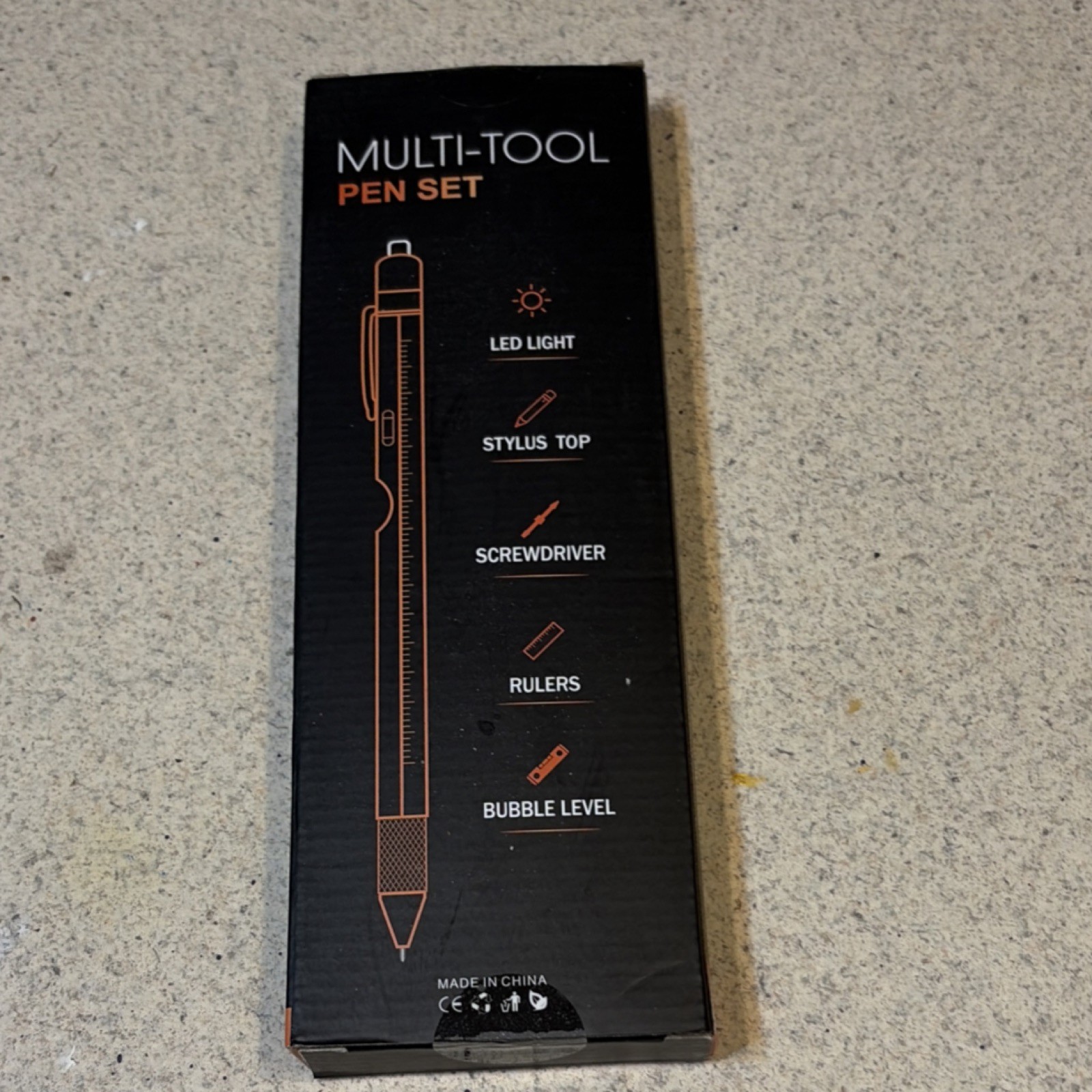 Black Multi-Tool Pen with LED Light, Stylus, Screwdriver, Ruler, Bubble Level