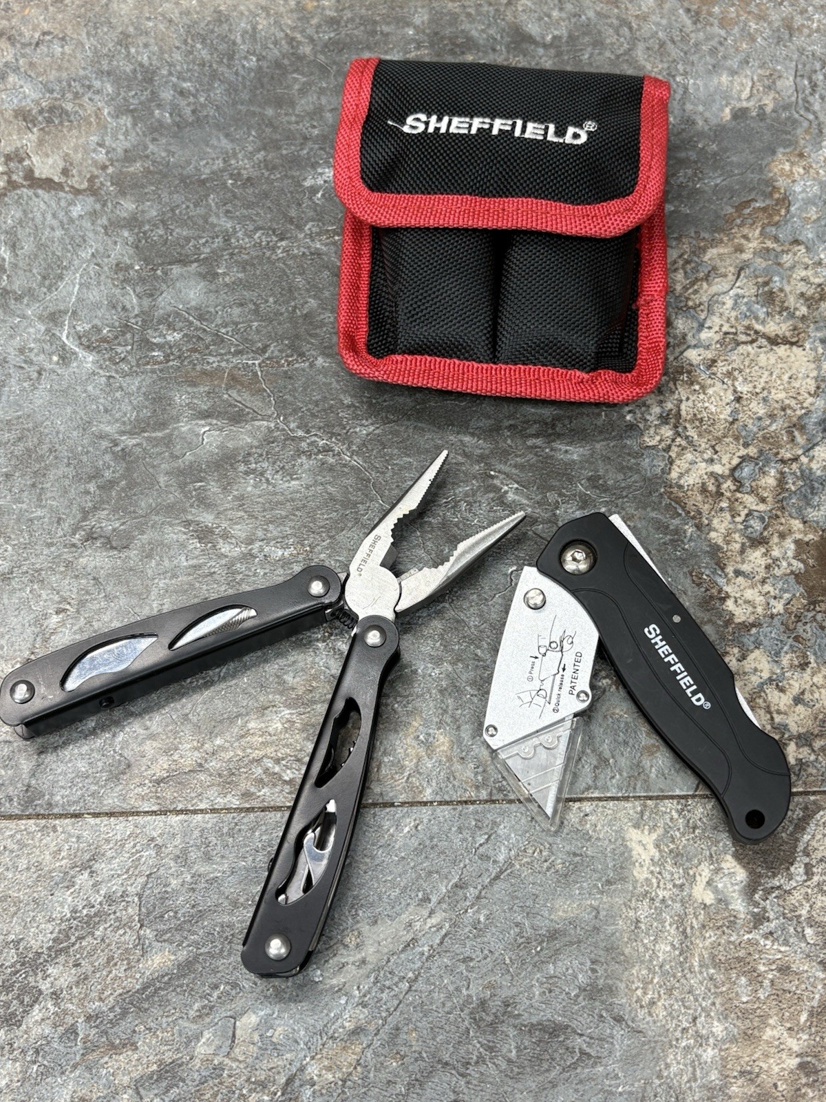 Sheffield Multi-Tool Stainless Pliers + Box Cutter & Utility Pouch