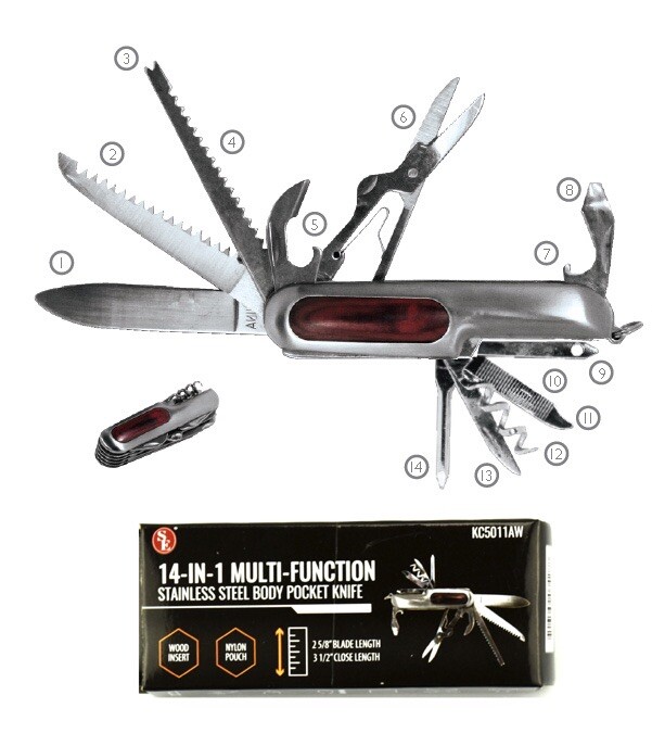 14-IN-1 Stainless Steel/Wood Insert Multi-Function Knife With Carrying Case