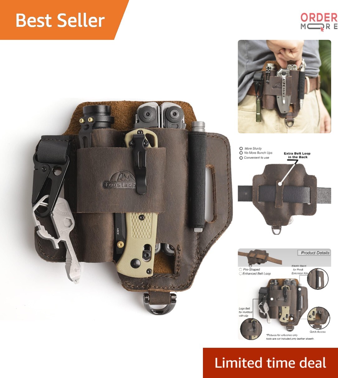 Leather EDC Belt Organizer Sheath for Multitools Flashlights and Tools