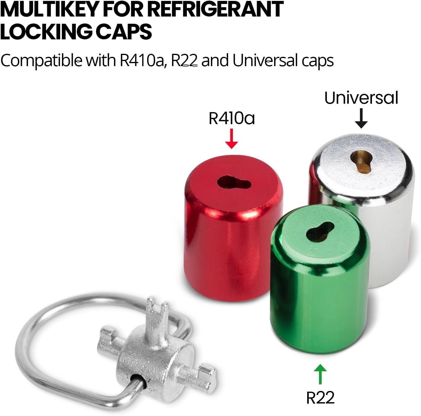 HVAC Tools, Locking Cap Key for Refrigerant Safety Caps, Universal Triple Use Mu