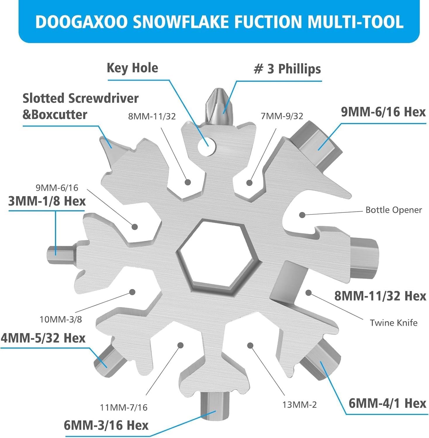 18-in-1 Snowflake Multi Tool,Function Stainless Steel Bottle Opener/Wrench Flat