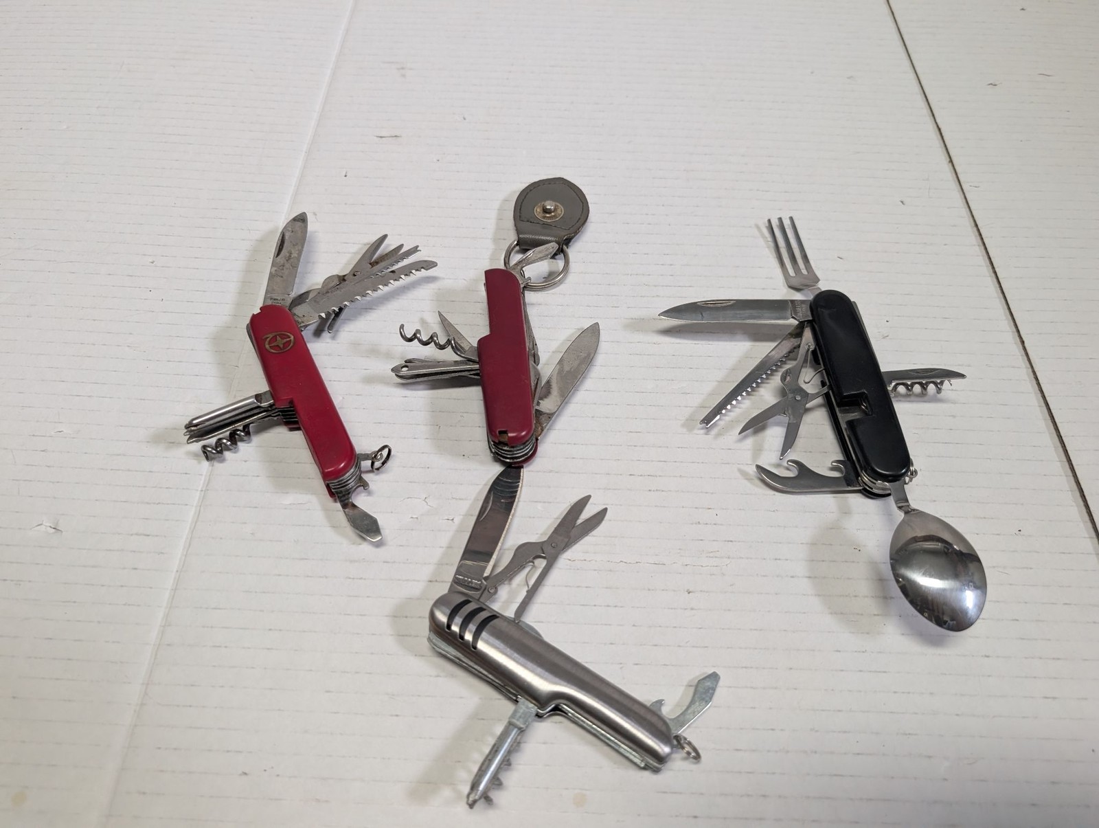 Multi Tool Pocket Knife Set 4pc Red Silver Black Camping Fork Spoon Corkscrew
