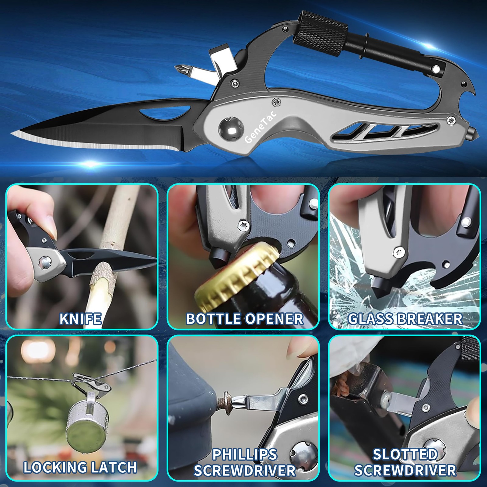 Multi-tool Carabiner with Pocket Knife, Bottle Opener, Window Breaker, Screwd…