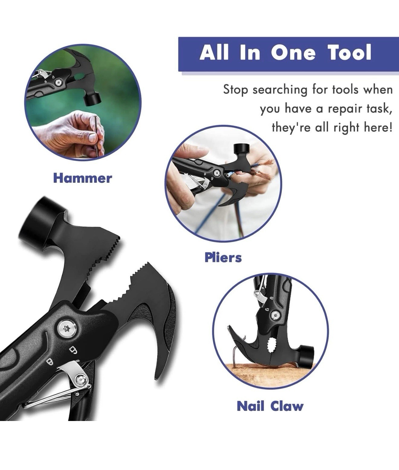 Hammer Multitool with Gift Box – Cool Multi Tool for Father’s Day Gift Black