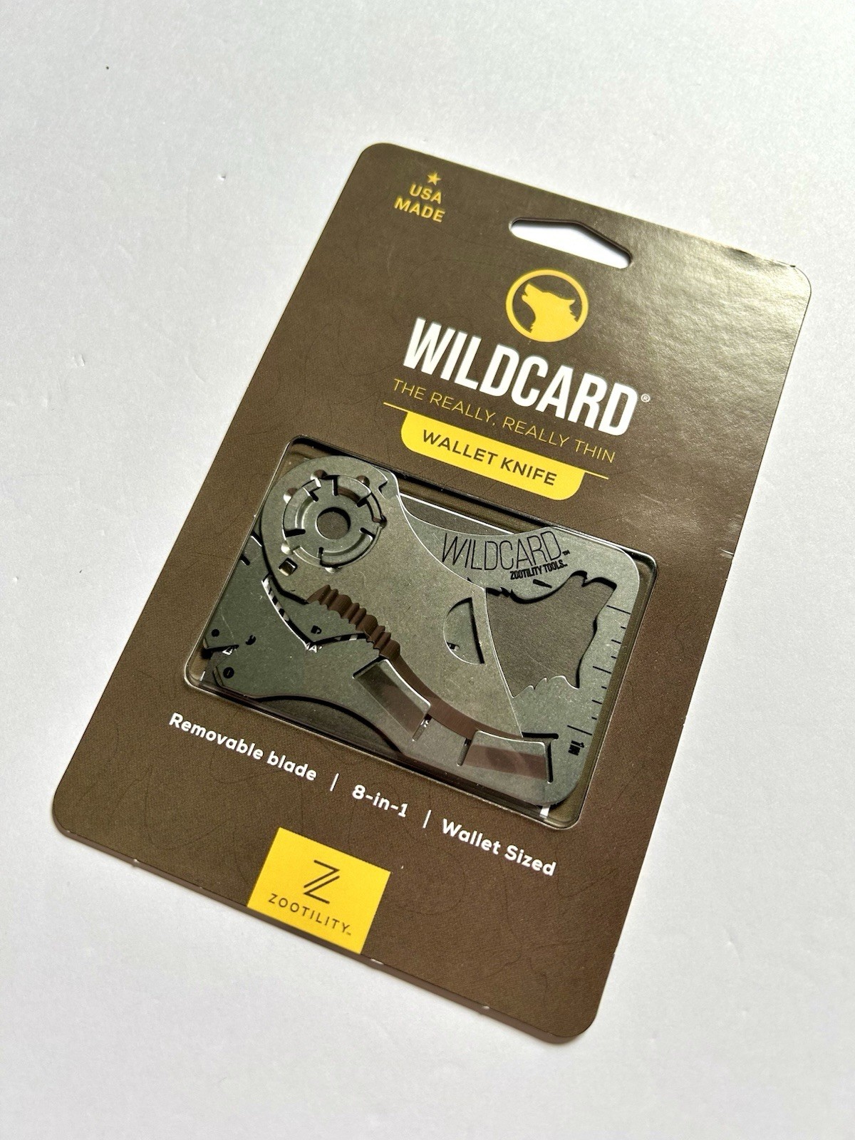 NEW! Zootility WILDCARD WALLET KNIFE 8-in-1 Multi-Tool, Stainless Steel, 2×3”