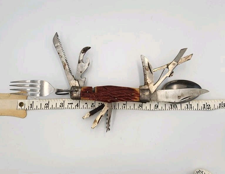 Vintage HAL Co. Japan Multi-Tool Hobo Pocket Knife Fork Scissors Bottle Opener