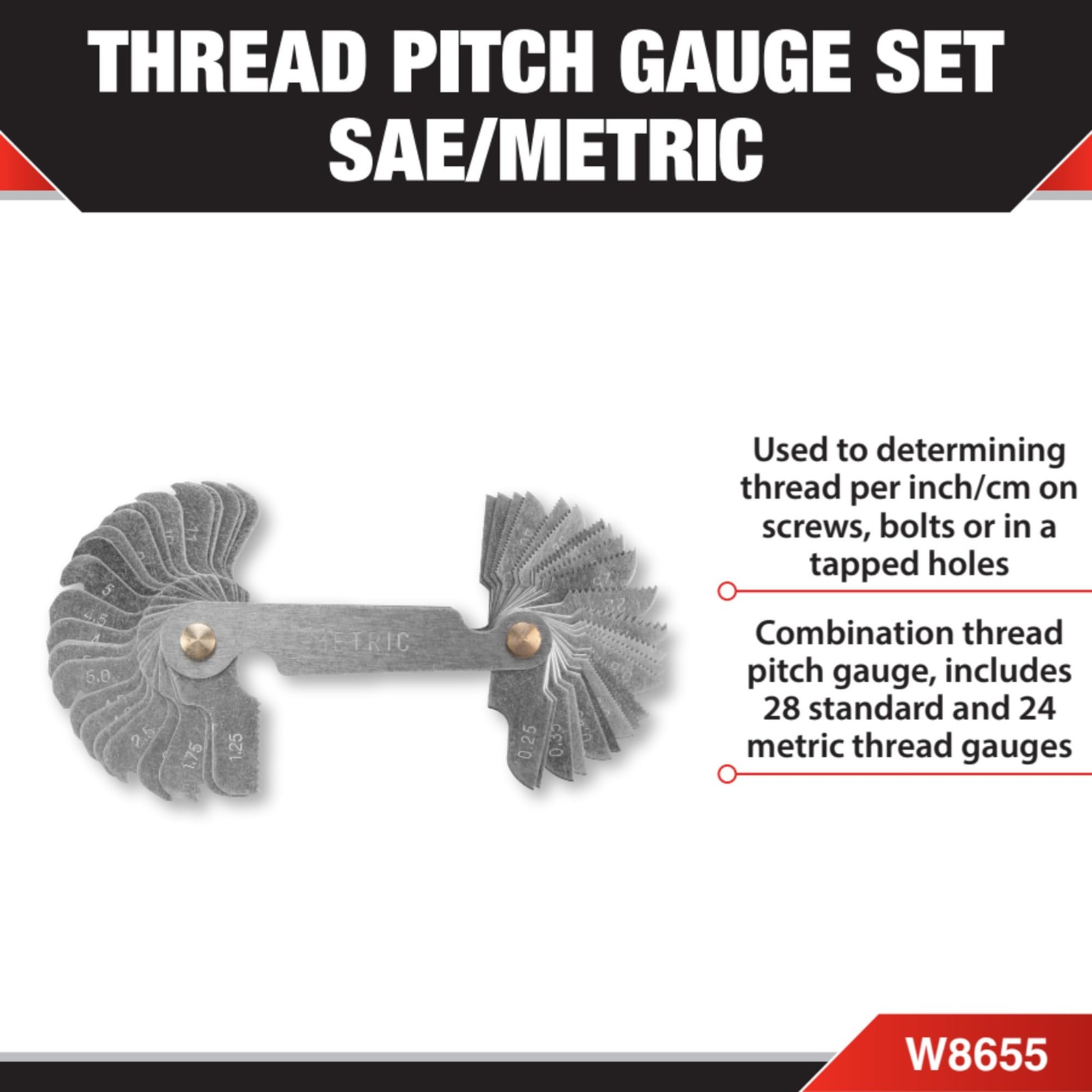 Thread Pitch Gauge SAE Metric 60 Degree Angle Measure Bolts Screws 52 Blades