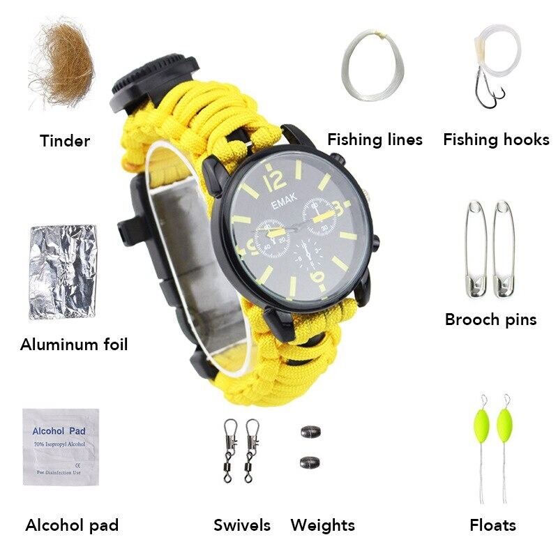 Emergency Survival Outdoor Watch Analogue Compass Paracord Flint And Steel Kit