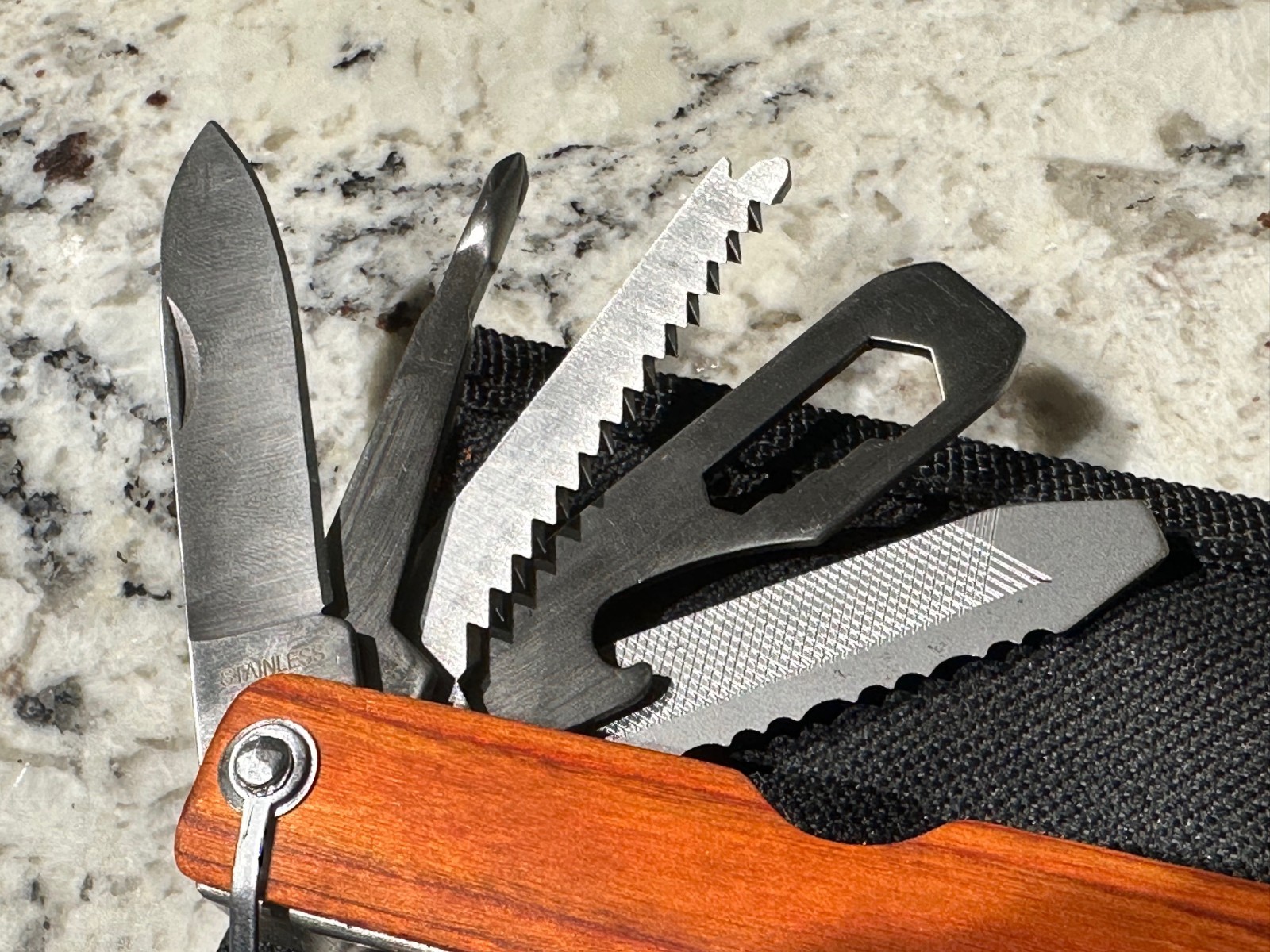 WOOD HANDLE Vintage Camping Axe Hammer Folding Multi Tool Knife Saw w/Sheath GUC