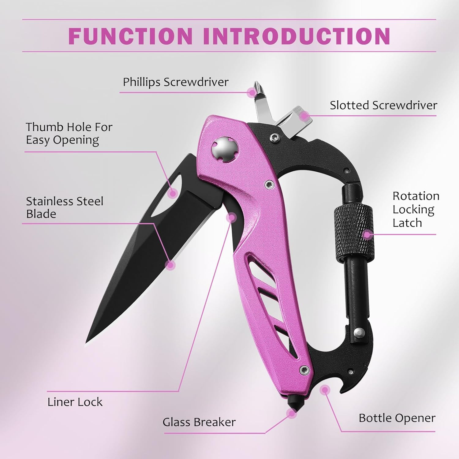 Pink Multitool Carabiner Knife for Women Men,Survival Gear for Camping Hiking，Ed