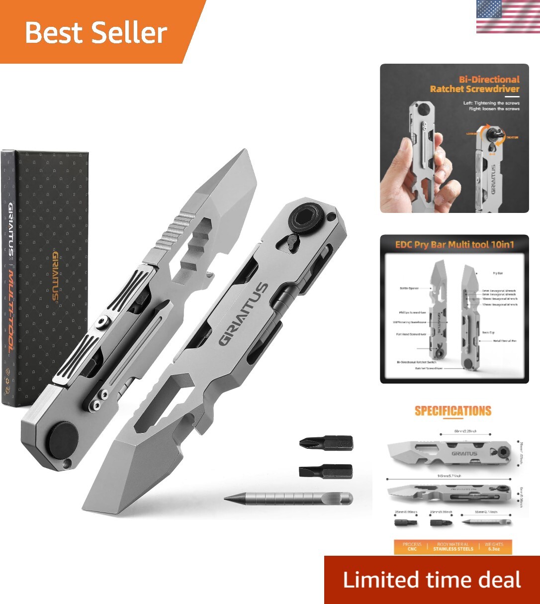 EDC Stainless Steel Pry Bar Multitool with Ratchet Screwdriver & Pen – Grey